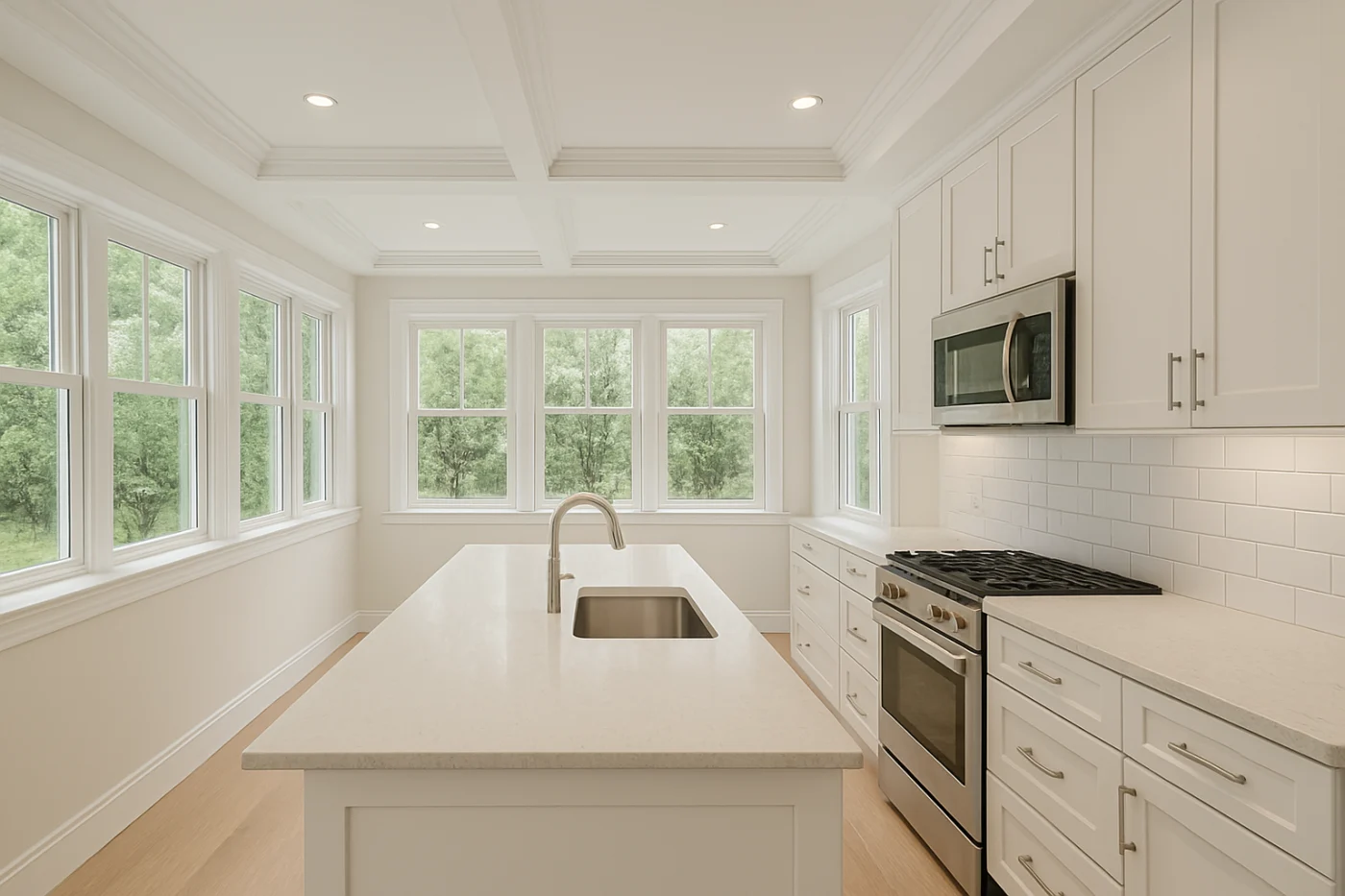 Spacious, modern kitchen with white shaker cabinets, quartz countertops, stainless steel appliances, and large windows overlooking green trees, showcasing an open layout filled with natural light.