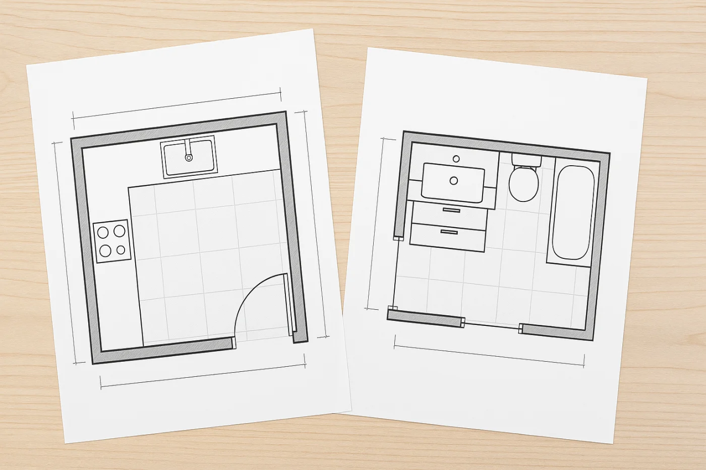 A simple, digitally illustrated image of two basic remodeling plans on white paper, set against a light wooden background. One shows an idea for a kitchen refinish, and the other a bathroom refinish.
