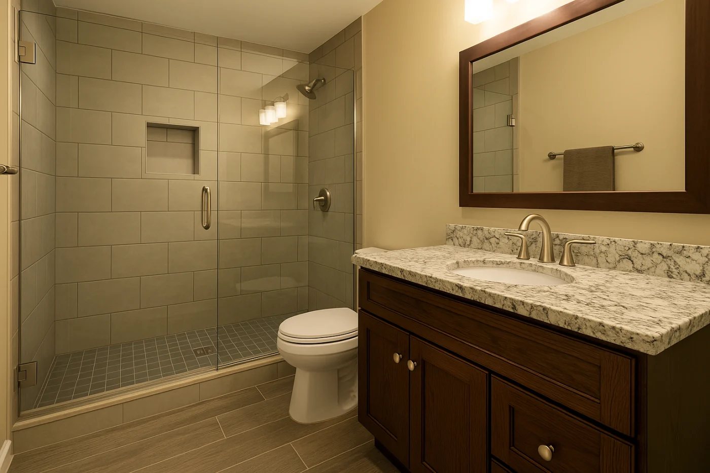 Fully remodeled bathroom featuring a dark wood custom vanity with a granite countertop, brushed nickel fixtures, and a frameless glass shower with large tan tiles and a gray tiled floor. Warm lighting and wood-look tile flooring complete the modern, inviting design.