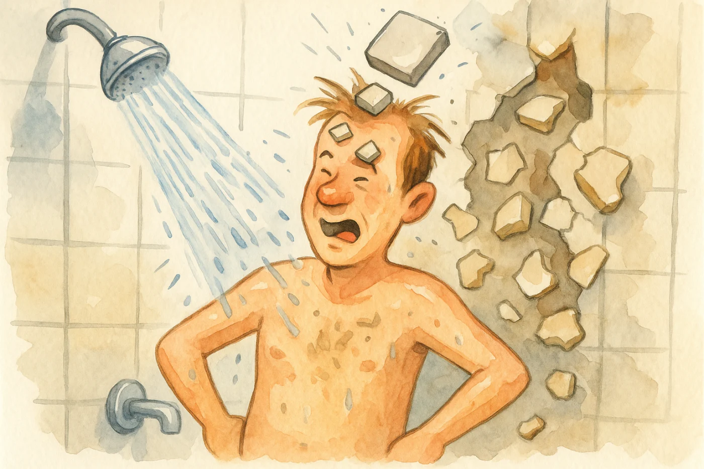 Watercolor illustration of tile shower wall falling on the head of a man taking a shower