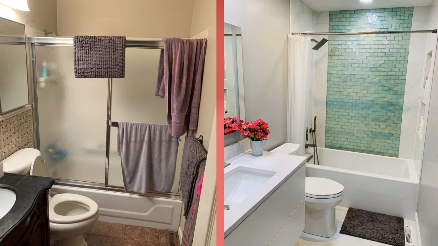 On the left is a shot of a bathroom featuring an old, off-white acrylic bath-shower combo with a conventional sliding door and privacy glass. To the right is an updated image after a complete bathroom remodel with a new bathtub and shower, toilet, and vanity.