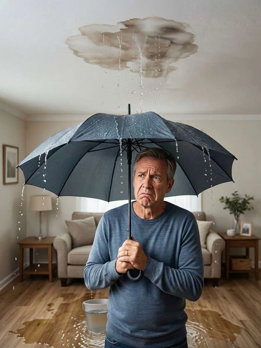 Best Bathroom Remodel Warranties | Shawnee, KS | Jericho A discouraged man holds an umbrella inside his living room to shield himself from a severe ceiling leak, emphasizing the absolute necessity of having reliable bathroom remodel warranties to protect against unexpected plumbing disasters.