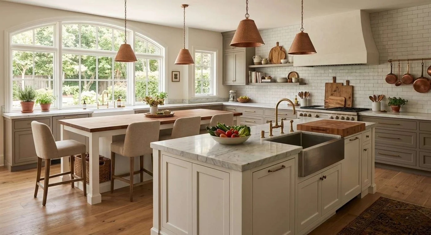 Best Double Island Kitchen Remodel │ Kansas City, MO │ Jericho This spacious, sun-drenched kitchen remodel features a luxurious double island layout that pairs a functional marble-topped prep station with a large wooden breakfast bar perfect for seating.